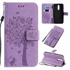 For Xiaomi Redmi 8 Tree & Cat Pattern Pressed Printing Horizontal Flip PU Leather Case with Holder & Card Slots & Wallet & Lanyard(Light Purple) - 1