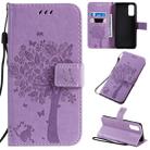 For Galaxy S20 Tree & Cat Pattern Pressed Printing Horizontal Flip PU Leather Case with Holder & Card Slots & Wallet & Lanyard(Light Purple) - 1