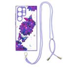 For Samsung Galaxy S22 Ultra 5G Starry Sky Epoxy TPU Phone Case with Neck Lanyard(Purple Butterfly) - 1