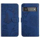 For Google Pixel 6 Pro Skin Feel Butterfly Peony Embossed Leather Phone Case(Blue) - 1