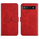 For Google Pixel 6a Skin Feel Butterfly Peony Embossed Leather Phone Case(Red) - 1