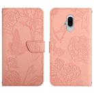 For Fujitsu Arrows F-52B Skin Feel Butterfly Peony Embossed Leather Phone Case(Pink) - 1