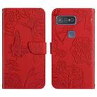 For Asus Smartphone for Snapdragon Insiders Skin Feel Butterfly Peony Embossed Leather Phone Case(Red) - 1