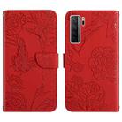 For Huawei nova 7 SE Skin Feel Butterfly Peony Embossed Leather Phone Case(Red) - 1