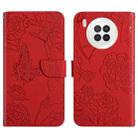 For Huawei nova 8i Skin Feel Butterfly Peony Embossed Leather Phone Case(Red) - 1