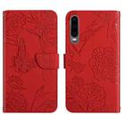 For Huawei P30 Skin Feel Butterfly Peony Embossed Leather Phone Case(Red) - 1