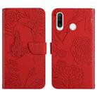 For Huawei P30 Lite Skin Feel Butterfly Peony Embossed Leather Phone Case(Red) - 1