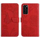 For Huawei P40 Skin Feel Butterfly Peony Embossed Leather Phone Case(Red) - 1