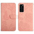 For Huawei P40 Skin Feel Butterfly Peony Embossed Leather Phone Case(Pink) - 1