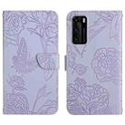 For Huawei P40 Skin Feel Butterfly Peony Embossed Leather Phone Case(Purple) - 1