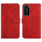 For Huawei P40 Pro Skin Feel Butterfly Peony Embossed Leather Phone Case(Red) - 1