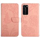 For Huawei P40 Pro Skin Feel Butterfly Peony Embossed Leather Phone Case(Pink) - 1