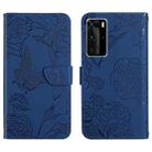 For Huawei P40 Pro Skin Feel Butterfly Peony Embossed Leather Phone Case(Blue) - 1