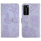 For Huawei P40 Pro Skin Feel Butterfly Peony Embossed Leather Phone Case(Purple) - 1