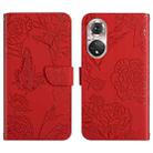 For Huawei P50 Skin Feel Butterfly Peony Embossed Leather Phone Case(Red) - 1