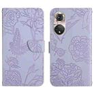 For Huawei P50 Skin Feel Butterfly Peony Embossed Leather Phone Case(Purple) - 1