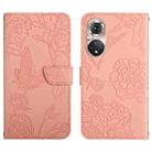 For Huawei P50 Pro Skin Feel Butterfly Peony Embossed Leather Phone Case(Pink) - 1