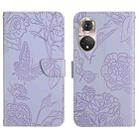 For Huawei P50 Pro Skin Feel Butterfly Peony Embossed Leather Phone Case(Purple) - 1