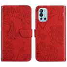 For OnePlus 9R Skin Feel Butterfly Peony Embossed Leather Phone Case(Red) - 1