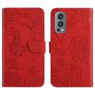 For OnePlus Nord 2 5G Skin Feel Butterfly Peony Embossed Leather Phone Case(Red) - 1