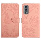 For OnePlus Nord 2 5G Skin Feel Butterfly Peony Embossed Leather Phone Case(Pink) - 1