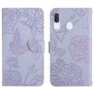 For Samsung Galaxy A20e Skin Feel Butterfly Peony Embossed Leather Phone Case(Purple) - 1