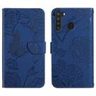 For Samsung Galaxy A21 Skin Feel Butterfly Peony Embossed Leather Phone Case(Blue) - 1