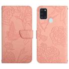 For Samsung Galaxy A21s Skin Feel Butterfly Peony Embossed Leather Phone Case(Pink) - 1