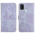 For Samsung Galaxy A21s Skin Feel Butterfly Peony Embossed Leather Phone Case(Purple) - 1