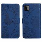 For Samsung Galaxy A22 5G Skin Feel Butterfly Peony Embossed Leather Phone Case(Blue) - 1
