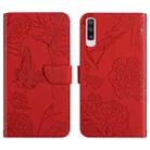 For Samsung Galaxy A50 Skin Feel Butterfly Peony Embossed Leather Phone Case(Red) - 1