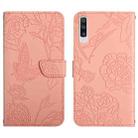 For Samsung Galaxy A50 Skin Feel Butterfly Peony Embossed Leather Phone Case(Pink) - 1