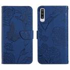 For Samsung Galaxy A70 Skin Feel Butterfly Peony Embossed Leather Phone Case(Blue) - 1