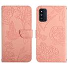 For Samsung Galaxy F52 5G Skin Feel Butterfly Peony Embossed Leather Phone Case(Pink) - 1