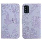 For Samsung Galaxy F52 5G Skin Feel Butterfly Peony Embossed Leather Phone Case(Purple) - 1