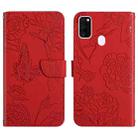 For Samsung Galaxy M21 Skin Feel Butterfly Peony Embossed Leather Phone Case(Red) - 1