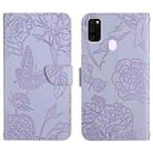 For Samsung Galaxy M21 Skin Feel Butterfly Peony Embossed Leather Phone Case(Purple) - 1