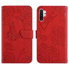 For Samsung Galaxy Note10+ Skin Feel Butterfly Peony Embossed Leather Phone Case(Red) - 1