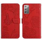 For Samsung Galaxy Note20 Skin Feel Butterfly Peony Embossed Leather Phone Case(Red) - 1