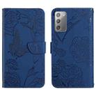 For Samsung Galaxy Note20 Skin Feel Butterfly Peony Embossed Leather Phone Case(Blue) - 1
