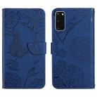 For Samsung Galaxy S20 Skin Feel Butterfly Peony Embossed Leather Phone Case(Blue) - 1