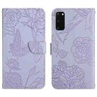 For Samsung Galaxy S20 Skin Feel Butterfly Peony Embossed Leather Phone Case(Purple) - 1