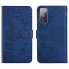 For Samsung Galaxy S20 FE Skin Feel Butterfly Peony Embossed Leather Phone Case(Blue) - 1