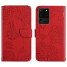 For Samsung Galaxy S20 Ultra Skin Feel Butterfly Peony Embossed Leather Phone Case(Red) - 1