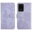 For Samsung Galaxy S20 Ultra Skin Feel Butterfly Peony Embossed Leather Phone Case(Purple) - 1
