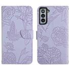 For Samsung Galaxy S21 5G Skin Feel Butterfly Peony Embossed Leather Phone Case(Purple) - 1