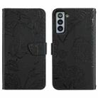For Samsung Galaxy S21 FE 5G Skin Feel Butterfly Peony Embossed Leather Phone Case(Black) - 1