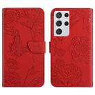 For Samsung Galaxy S21 Ultra 5G Skin Feel Butterfly Peony Embossed Leather Phone Case(Red) - 1