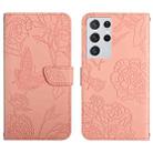 For Samsung Galaxy S21 Ultra 5G Skin Feel Butterfly Peony Embossed Leather Phone Case(Pink) - 1
