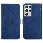 For Samsung Galaxy S21 Ultra 5G Skin Feel Butterfly Peony Embossed Leather Phone Case(Blue) - 1